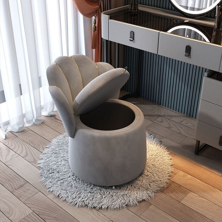 Nordic Contemporary Velvet Wood Vanity Stool with Round Petal-Back, Storage and Backrest – Ideal Bedroom Seating