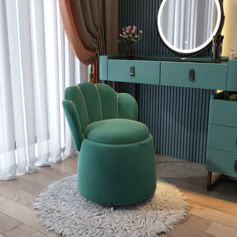 Nordic Contemporary Velvet Wood Vanity Stool with Round Petal-Back, Storage and Backrest – Ideal Bedroom Seating