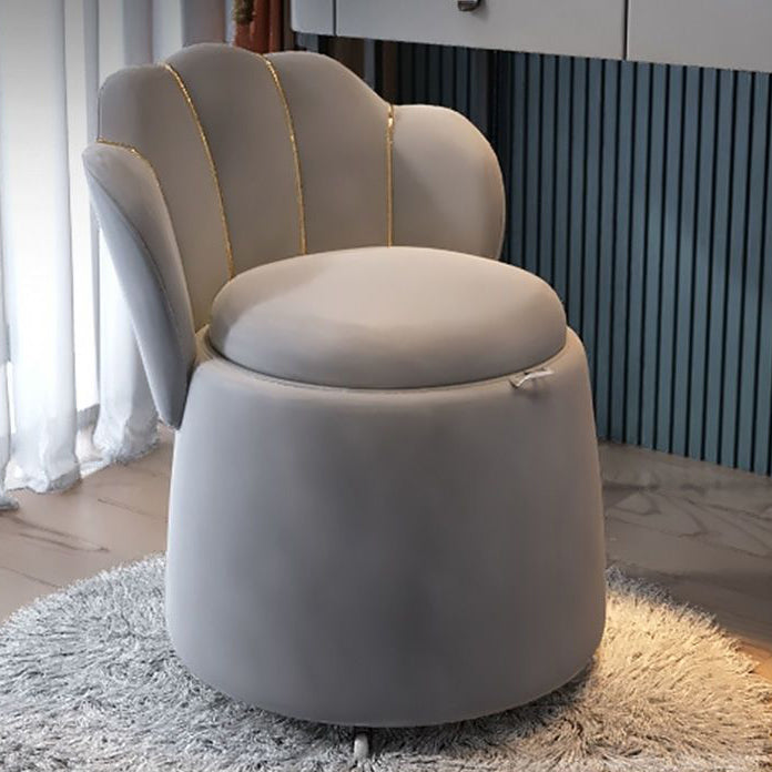 Nordic Contemporary Velvet Wood Vanity Stool with Round Petal-Back, Storage and Backrest – Ideal Bedroom Seating