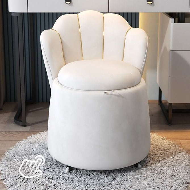 Nordic Contemporary Velvet Wood Vanity Stool with Round Petal-Back, Storage and Backrest – Ideal Bedroom Seating