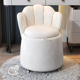 Nordic Contemporary Velvet Wood Vanity Stool with Round Petal-Back, Storage and Backrest – Ideal Bedroom Seating