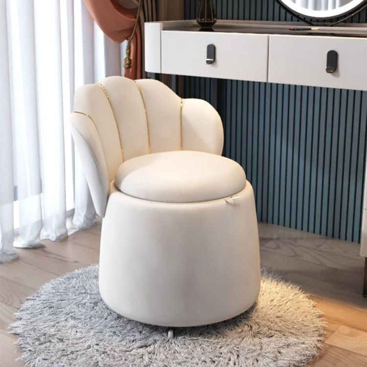 Nordic Contemporary Velvet Wood Vanity Stool with Round Petal-Back, Storage and Backrest – Ideal Bedroom Seating