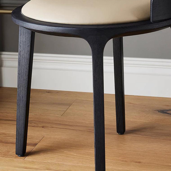 Modern Retro Ash Oak Wood Vanity Stool with Faux Leather Upholstery and Backrest – Round Bedroom Vanity Chair