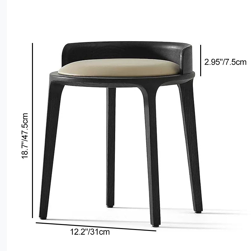 Modern Retro Ash Oak Wood Vanity Stool with Faux Leather Upholstery and Backrest – Round Bedroom Vanity Chair