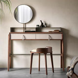 Modern Retro Ash Oak Wood Vanity Stool with Faux Leather Upholstery and Backrest – Round Bedroom Vanity Chair