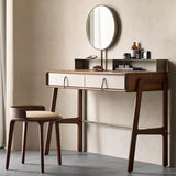 Modern Retro Ash Oak Wood Vanity Stool with Faux Leather Upholstery and Backrest – Round Bedroom Vanity Chair