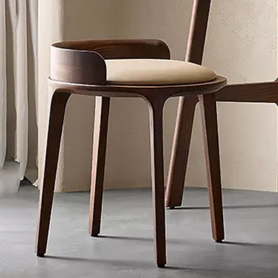Modern Retro Ash Oak Wood Vanity Stool with Faux Leather Upholstery and Backrest – Round Bedroom Vanity Chair
