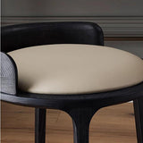 Modern Retro Ash Oak Wood Vanity Stool with Faux Leather Upholstery and Backrest – Round Bedroom Vanity Chair