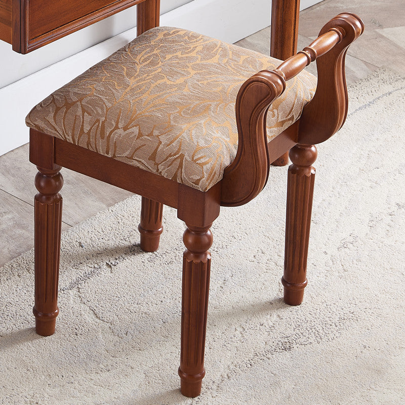 Contemporary Retro Vanity Stool with Backrest - Square Jacquard Wood Base, Microfiber Leather Upholstery for Bedroom