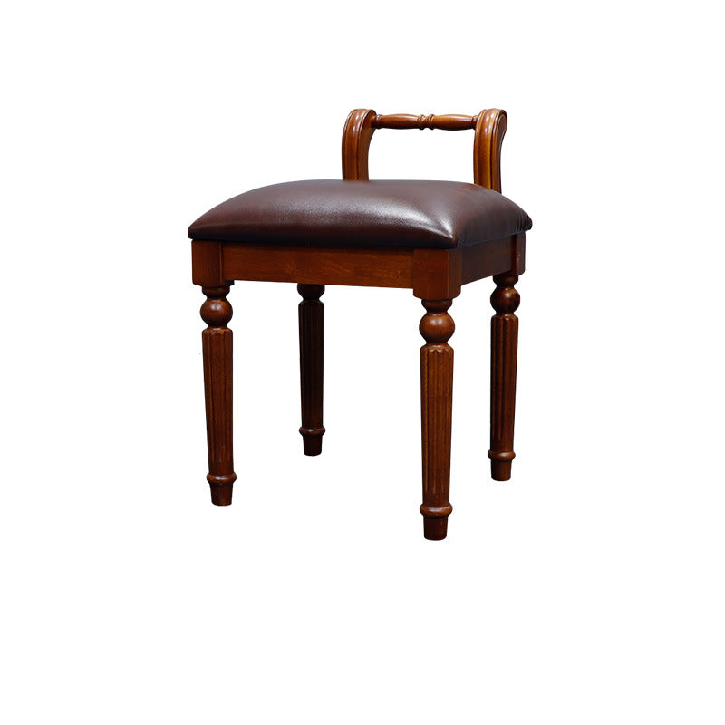 Contemporary Retro Vanity Stool with Backrest - Square Jacquard Wood Base, Microfiber Leather Upholstery for Bedroom