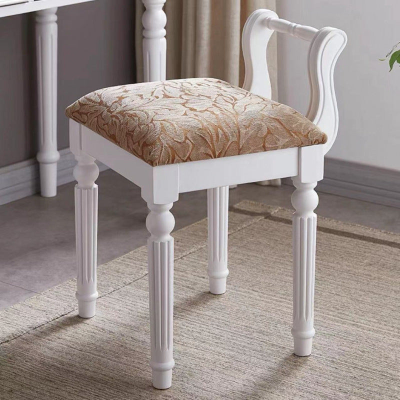 Contemporary Retro Vanity Stool with Backrest - Square Jacquard Wood Base, Microfiber Leather Upholstery for Bedroom
