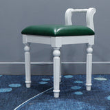 Contemporary Retro Vanity Stool with Backrest - Square Jacquard Wood Base, Microfiber Leather Upholstery for Bedroom
