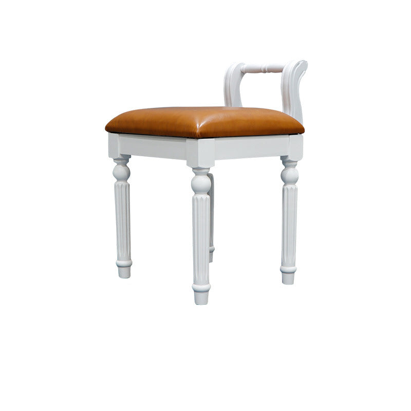 Contemporary Retro Vanity Stool with Backrest - Square Jacquard Wood Base, Microfiber Leather Upholstery for Bedroom