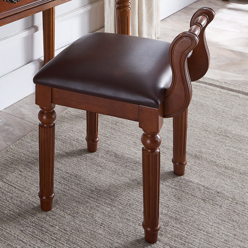 Contemporary Retro Vanity Stool with Backrest - Square Jacquard Wood Base, Microfiber Leather Upholstery for Bedroom