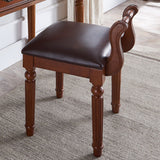 Contemporary Retro Vanity Stool with Backrest - Square Jacquard Wood Base, Microfiber Leather Upholstery for Bedroom
