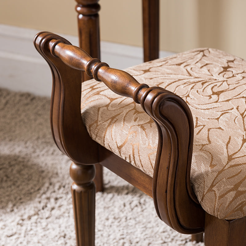 Contemporary Retro Vanity Stool with Backrest - Square Jacquard Wood Base, Microfiber Leather Upholstery for Bedroom