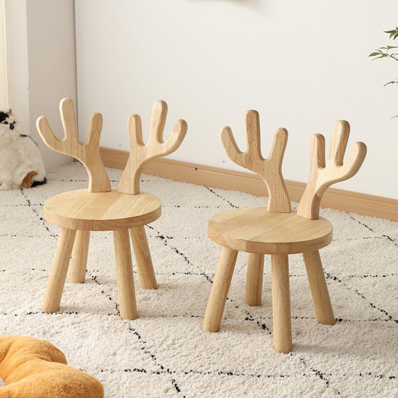Modern Solid Wood Antler-Style Round Kids Stool with Backrest — Low-Height Seat for Living Room and Entryway