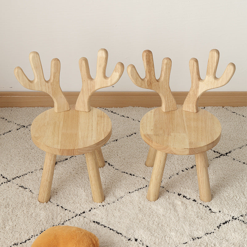 Modern Solid Wood Antler-Style Round Kids Stool with Backrest — Low-Height Seat for Living Room and Entryway
