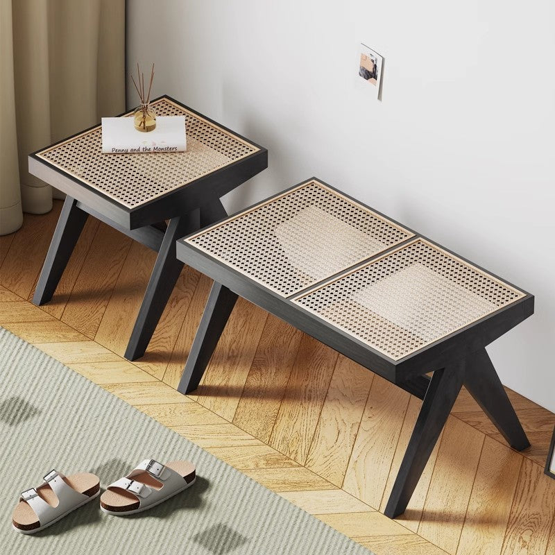 Traditional Japanese Rubber Wood & Rattan Rectangular V-Leg Bench with Handwoven Seat — Elegant Entryway & Living Room Accent