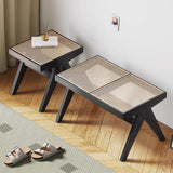 Traditional Japanese Rubber Wood & Rattan Rectangular V-Leg Bench with Handwoven Seat — Elegant Entryway & Living Room Accent