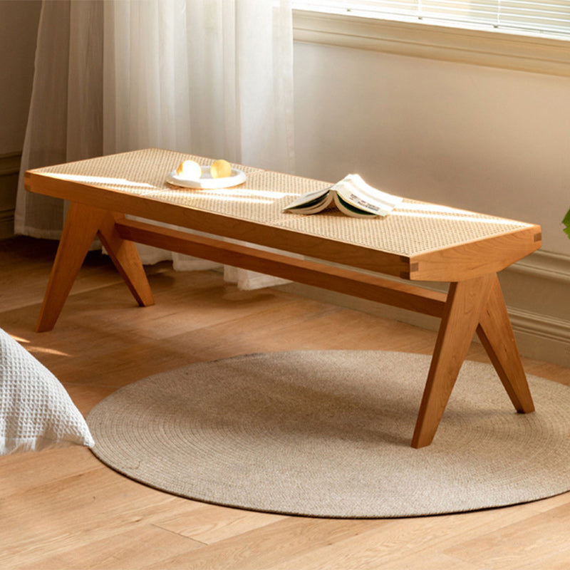 Traditional Japanese Rubber Wood & Rattan Rectangular V-Leg Bench with Handwoven Seat — Elegant Entryway & Living Room Accent