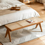 Traditional Japanese Rubber Wood & Rattan Rectangular V-Leg Bench with Handwoven Seat — Elegant Entryway & Living Room Accent