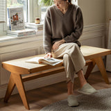 Traditional Japanese Rubber Wood & Rattan Rectangular V-Leg Bench with Handwoven Seat — Elegant Entryway & Living Room Accent