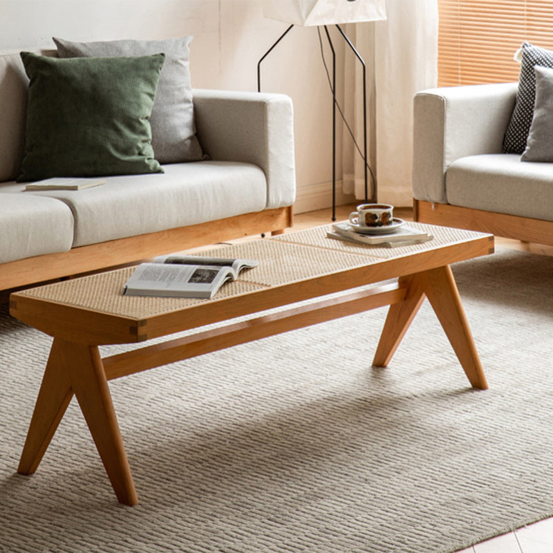 Traditional Japanese Rubber Wood & Rattan Rectangular V-Leg Bench with Handwoven Seat — Elegant Entryway & Living Room Accent