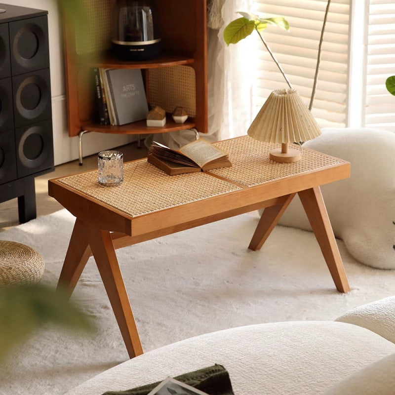 Traditional Japanese Rubber Wood & Rattan Rectangular V-Leg Bench with Handwoven Seat — Elegant Entryway & Living Room Accent