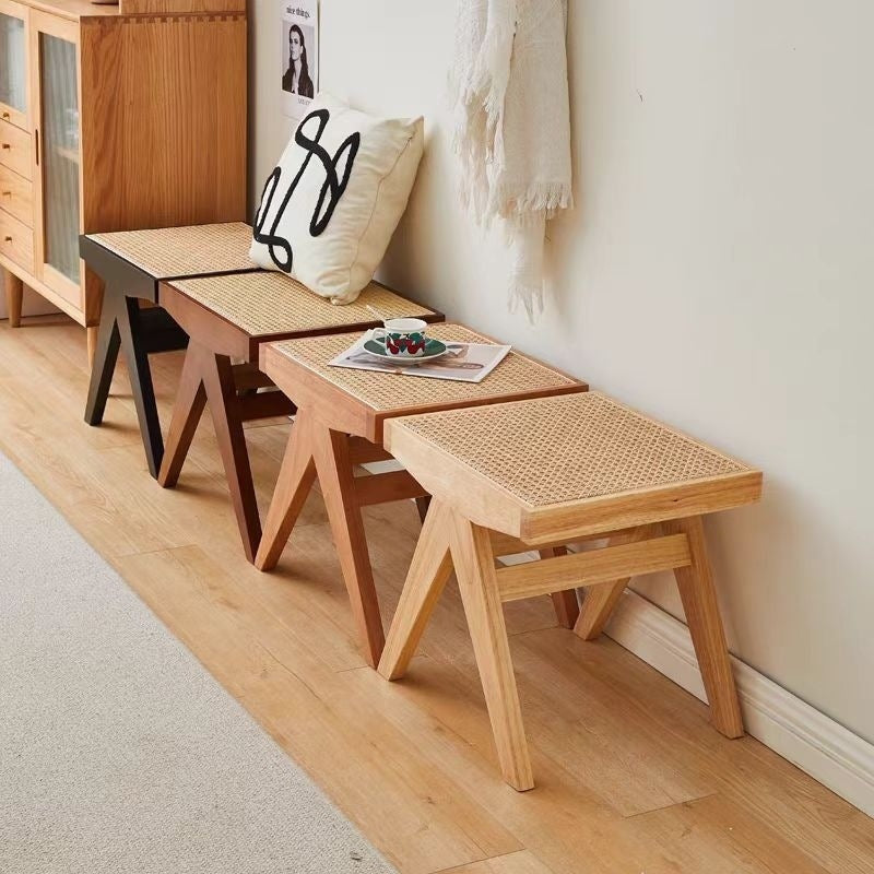 Traditional Japanese Rubber Wood & Rattan Rectangular V-Leg Bench with Handwoven Seat — Elegant Entryway & Living Room Accent