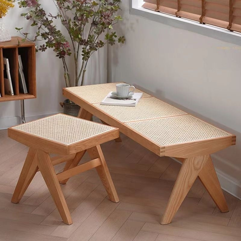 Traditional Japanese Rubber Wood & Rattan Rectangular V-Leg Bench with Handwoven Seat — Elegant Entryway & Living Room Accent