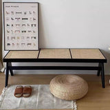 Traditional Japanese Rubber Wood & Rattan Rectangular V-Leg Bench with Handwoven Seat — Elegant Entryway & Living Room Accent