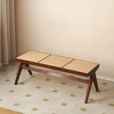 Traditional Japanese Rubber Wood & Rattan Rectangular V-Leg Bench with Handwoven Seat — Elegant Entryway & Living Room Accent