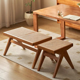 Traditional Japanese Rubber Wood & Rattan Rectangular V-Leg Bench with Handwoven Seat — Elegant Entryway & Living Room Accent