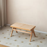 Traditional Japanese Rubber Wood & Rattan Rectangular V-Leg Bench with Handwoven Seat — Elegant Entryway & Living Room Accent