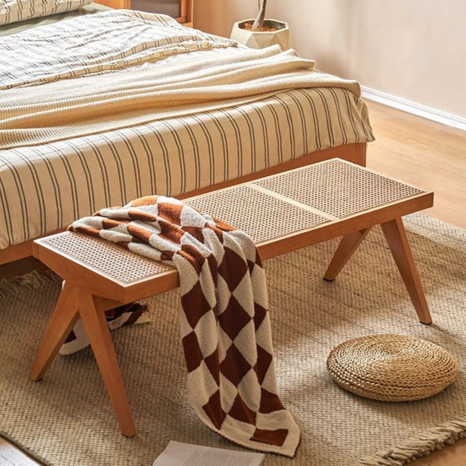 Traditional Japanese Rubber Wood & Rattan Rectangular V-Leg Bench with Handwoven Seat — Elegant Entryway & Living Room Accent
