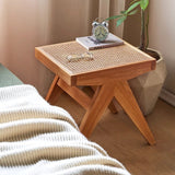 Traditional Japanese Rubber Wood & Rattan Rectangular V-Leg Bench with Handwoven Seat — Elegant Entryway & Living Room Accent
