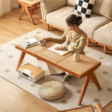 Traditional Japanese Rubber Wood & Rattan Rectangular V-Leg Bench with Handwoven Seat — Elegant Entryway & Living Room Accent