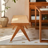 Traditional Japanese Rubber Wood & Rattan Rectangular V-Leg Bench with Handwoven Seat — Elegant Entryway & Living Room Accent