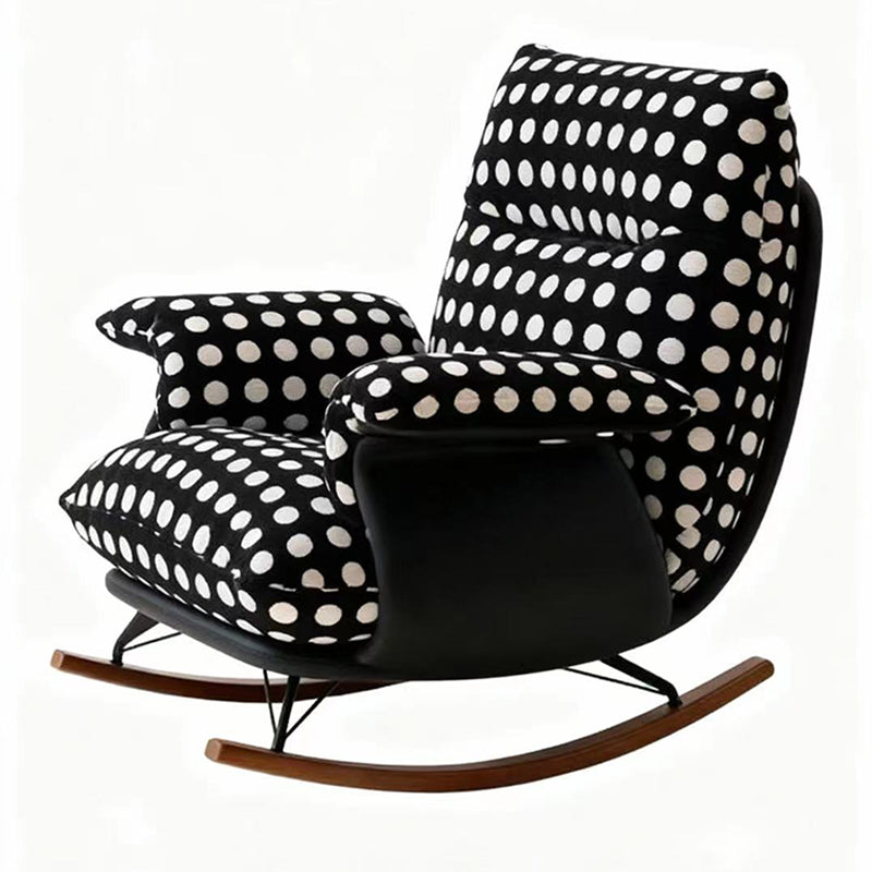 Modern Mid-Century Rocking Chair with Fabric and Faux Leather Upholstery, Iron Wood Frame, Polka Dot Pattern, Backrest and Armrests for Living Room