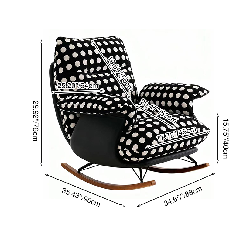 Modern Mid-Century Rocking Chair with Fabric and Faux Leather Upholstery, Iron Wood Frame, Polka Dot Pattern, Backrest and Armrests for Living Room