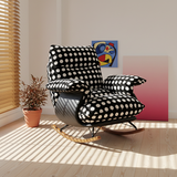 Modern Mid-Century Rocking Chair with Fabric and Faux Leather Upholstery, Iron Wood Frame, Polka Dot Pattern, Backrest and Armrests for Living Room