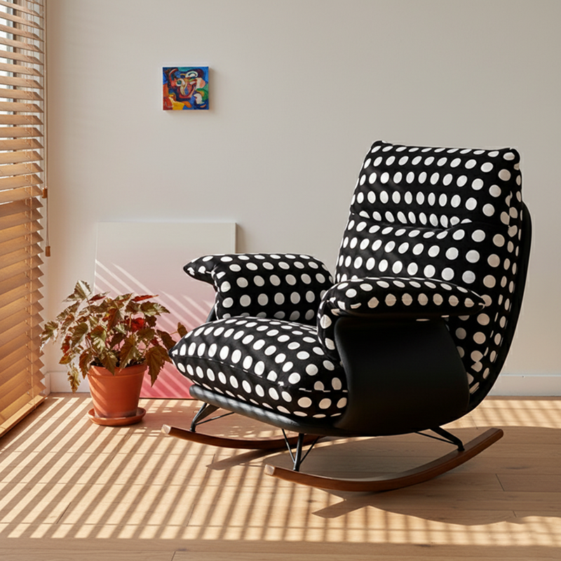 Modern Mid-Century Rocking Chair with Fabric and Faux Leather Upholstery, Iron Wood Frame, Polka Dot Pattern, Backrest and Armrests for Living Room
