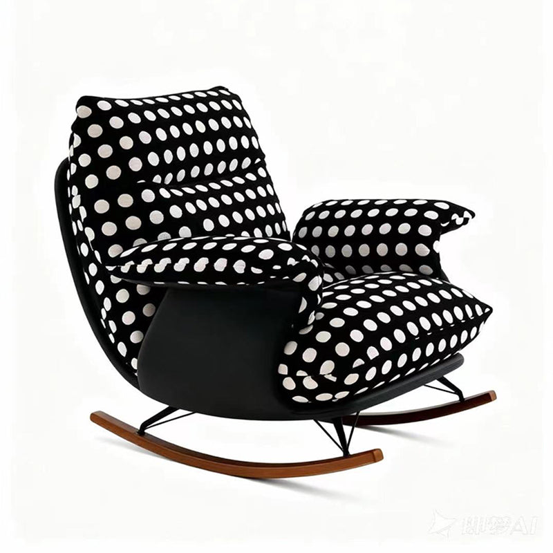 Modern Mid-Century Rocking Chair with Fabric and Faux Leather Upholstery, Iron Wood Frame, Polka Dot Pattern, Backrest and Armrests for Living Room