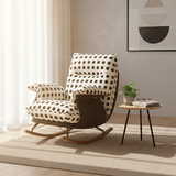 Modern Mid-Century Rocking Chair with Fabric and Faux Leather Upholstery, Iron Wood Frame, Polka Dot Pattern, Backrest and Armrests for Living Room