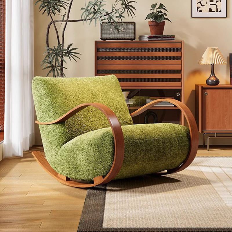 Contemporary Scandinavian Velvet Rocking Accent Chair with Curved Rectangular Backrest and Armrests - Carbon Steel Frame for Living Room