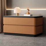 Modern Minimalist Rectangular Stone-Slab Solid Wood Nightstand with Cat's-Paw Leather, 2-Drawer Bedroom Table