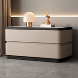 Modern Minimalist Rectangular Stone-Slab Solid Wood Nightstand with Cat's-Paw Leather, 2-Drawer Bedroom Table