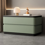 Modern Minimalist Rectangular Stone-Slab Solid Wood Nightstand with Cat's-Paw Leather, 2-Drawer Bedroom Table