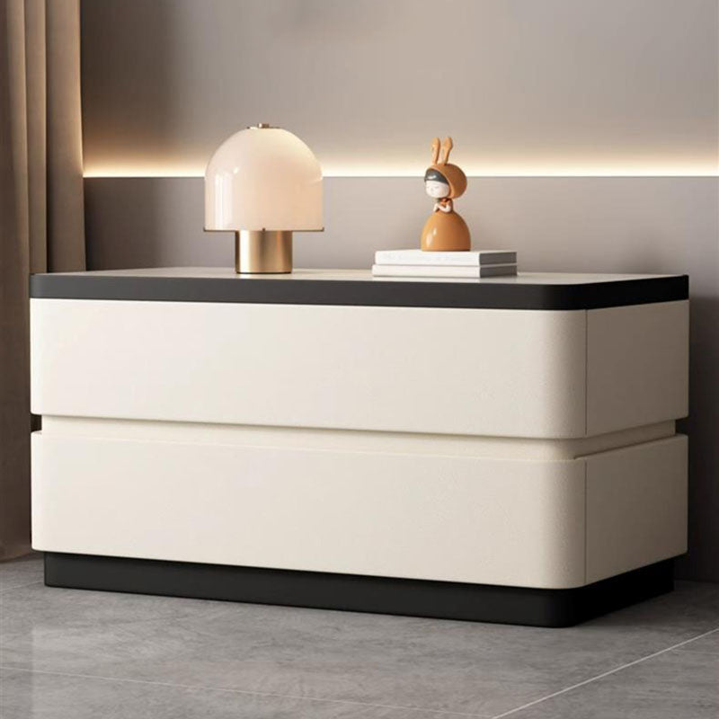 Modern Minimalist Rectangular Stone-Slab Solid Wood Nightstand with Cat's-Paw Leather, 2-Drawer Bedroom Table